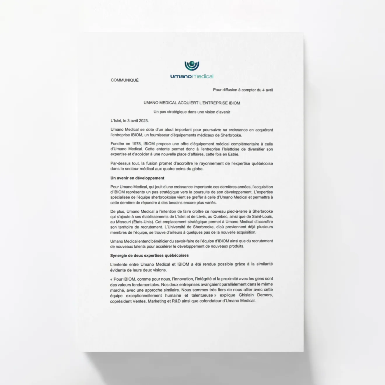Umano, communiqué de presse
